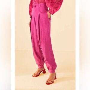 Farm Rio pink balloon pleated linen pants with belt